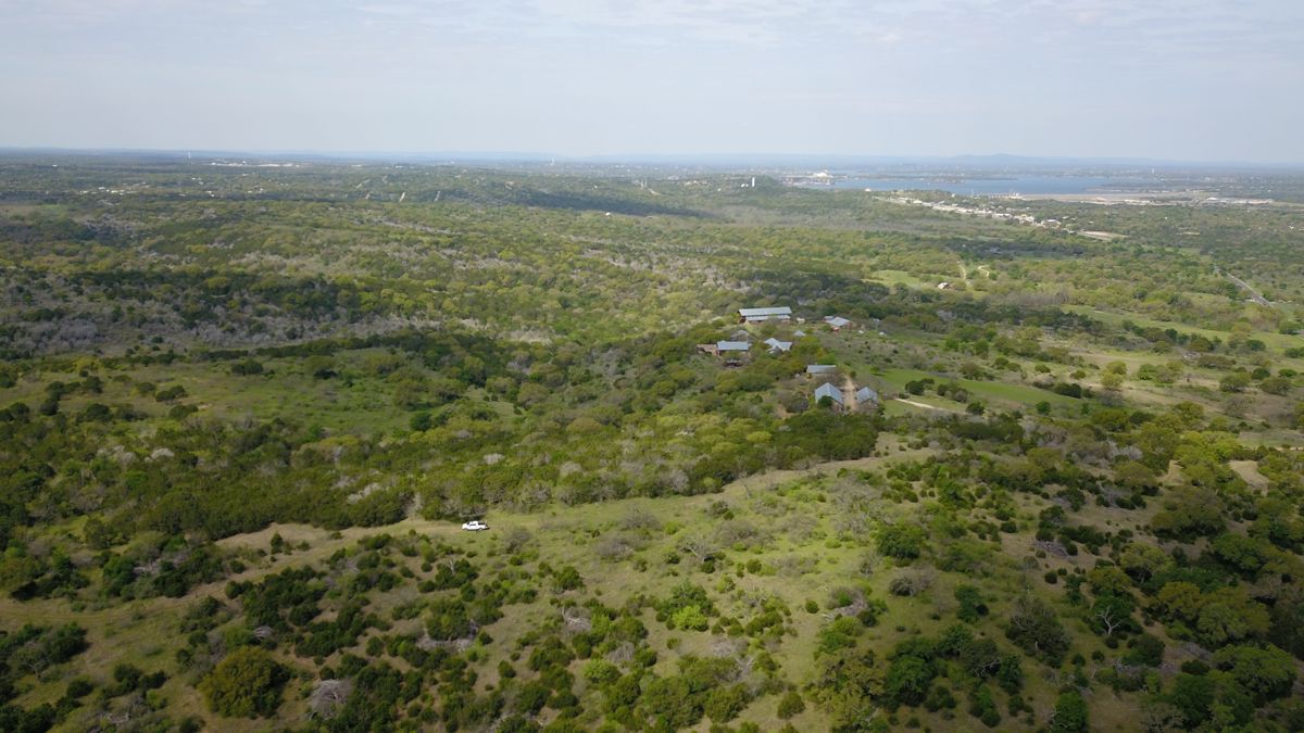 Aerial view of Hill Country terrain on the property