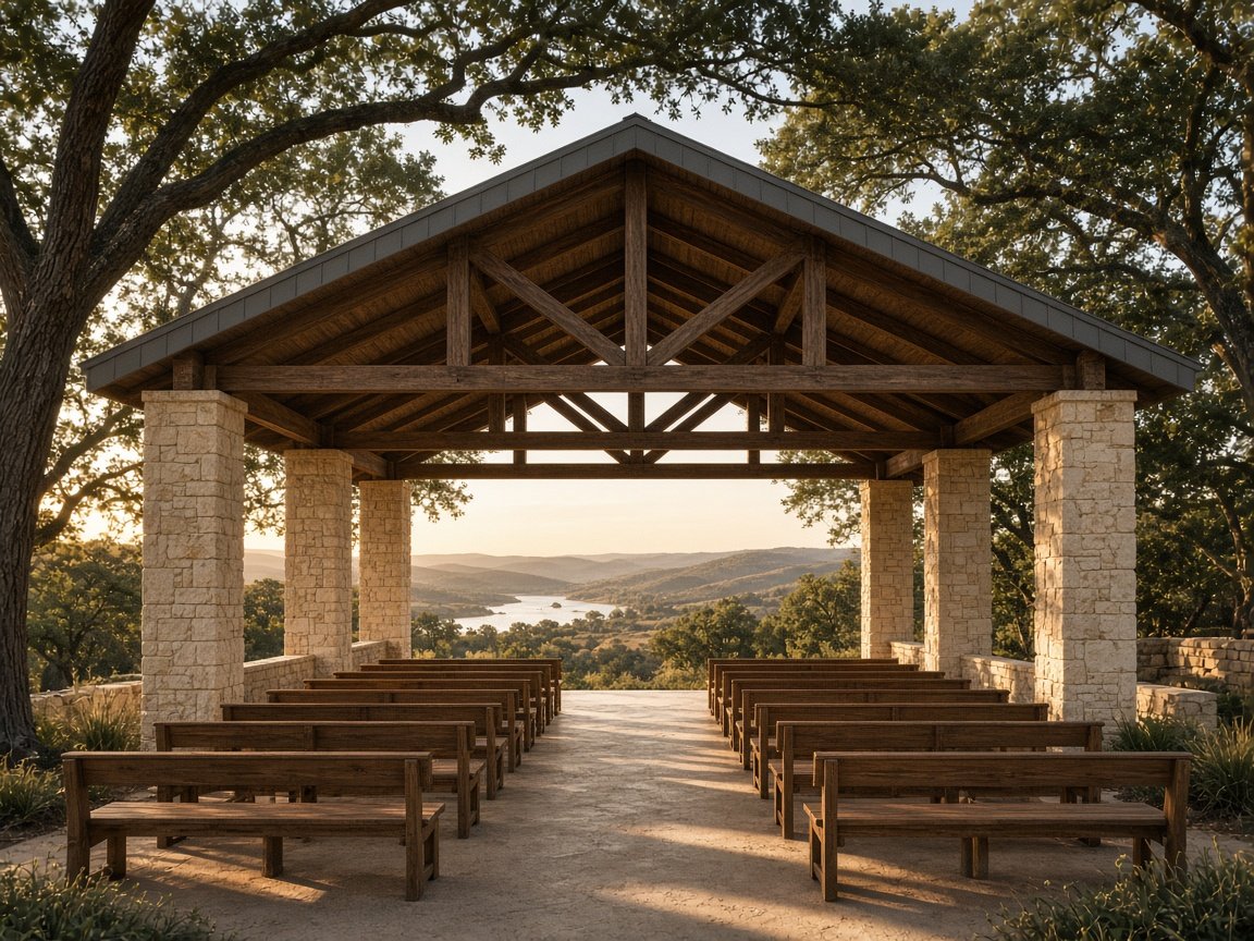Open-air stone chapel pavilion under live oaks (concept rendering)